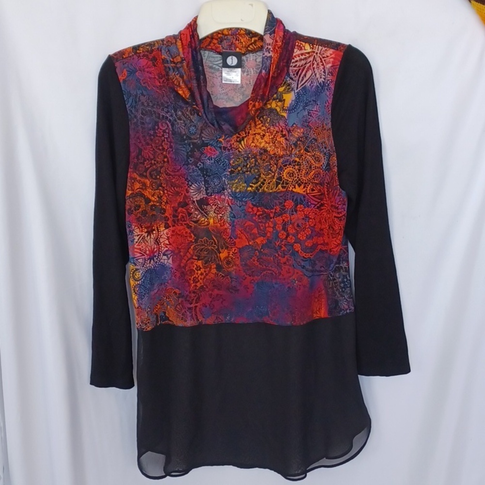 J Black Floral Cowl Neck Tunic Top W/Sheer Bottom Retro Multicolor Sz L, 20"PTP